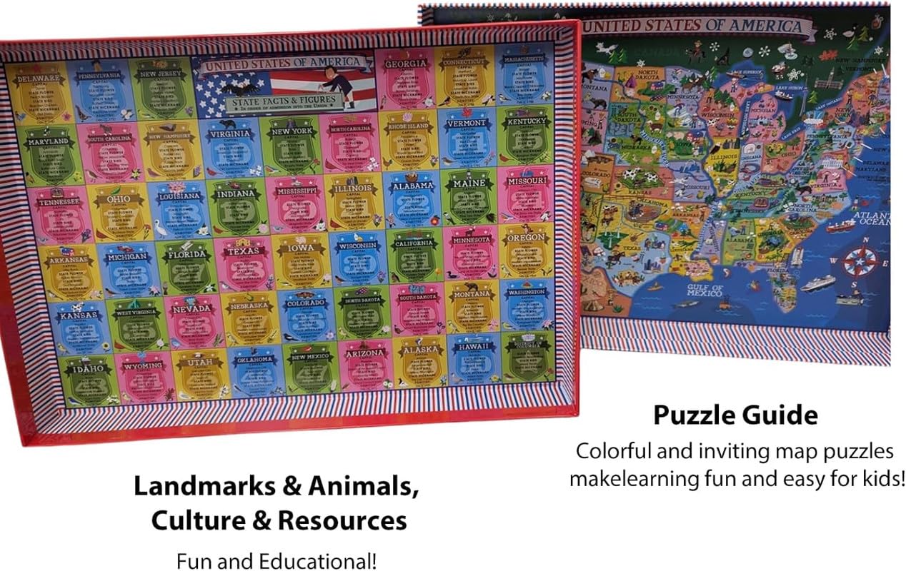 Colorful USA map jigsaw puzzle by Learncredibles featuring continents and country labels for kids age 7+ to learn geography.