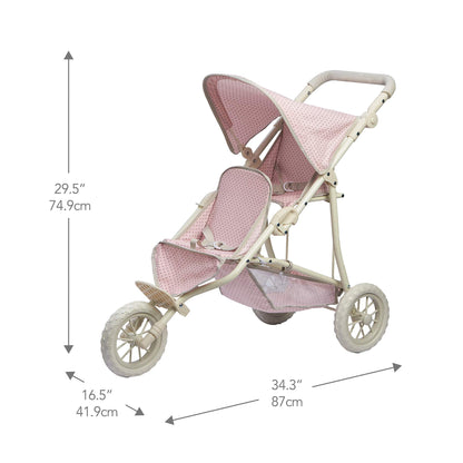 Olivia's Little World Double Jogging-Style Pram for Baby Dolls with Tandem Seating for Dolls and Stuffed Animals with a Retractable Canopy, Storage Basket, All-Terrain Wheels, Cream and Pink with Grey