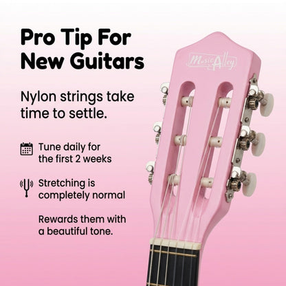 Music Alley classical junior acoustic guitar for kids with a protective carrying bag, featuring a natural wood finish and nylon strings.