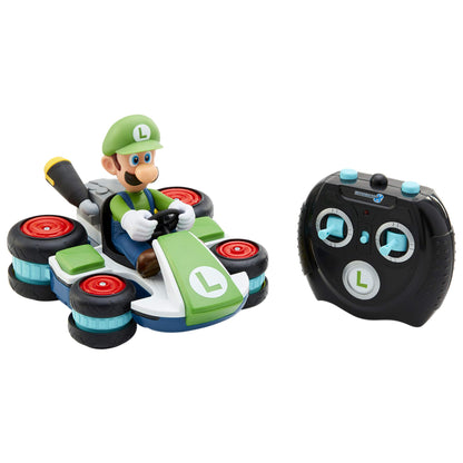 Nintendo Super Mario Kart 8 Luigi RC racer by Jakks Pacific, showing Luigi vehicle with anti-gravity features, remote control and spinning action.