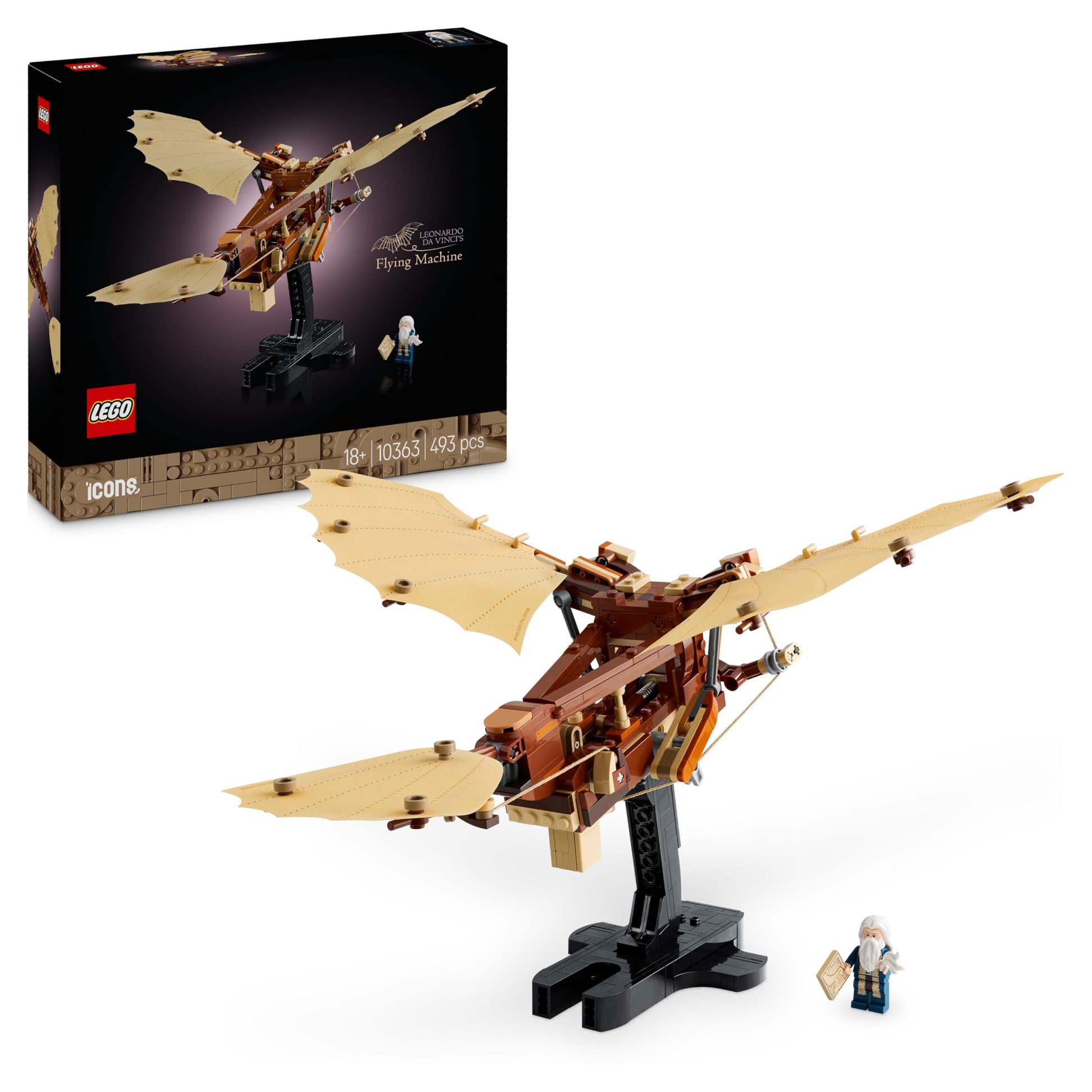 LEGO Icons Leonardo da Vinci’s Flying Machine set displayed, showcasing intricate details of the iconic aviation model.