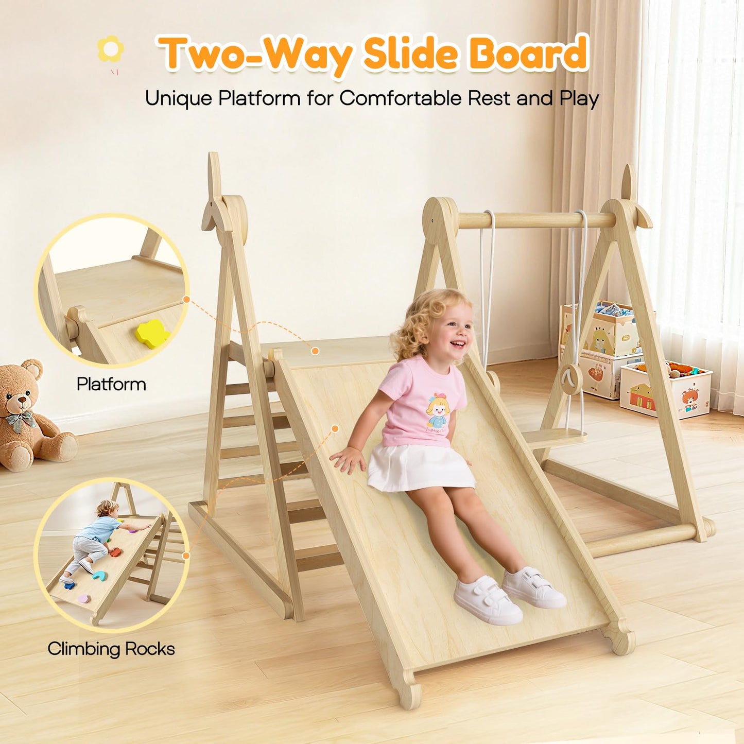 5 in 1 Indoor Jungle Gym,Foldable Wooden Climbing Set with Swing, Slide, Ladder and Climbing Wall,Montessori Philosophy Climber Playset for Kids