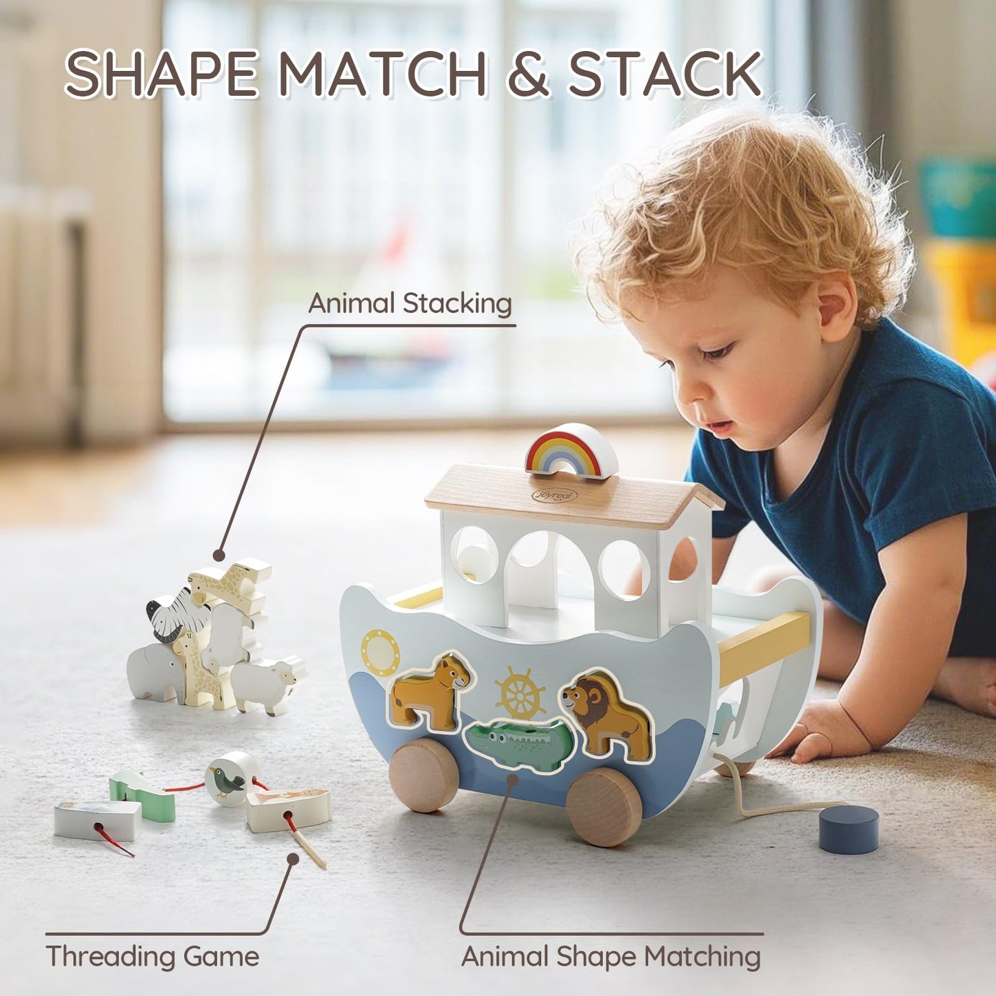Joyreal wooden Noah's Ark toy with farm animal shapes, suitable for toddlers, designed for Christening and baptism gifts.