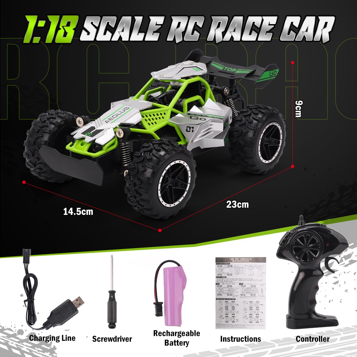 RUIDYA Remote Control Cars, 2.4GHz 1:18 Scale Off-road RC Race Car Toy for Kids Age 4+ with LED Light, Rechargeable High Speed All Terrain RC Drift Vehicle, 4 5 6 7 8 Year Old Boys Girls Birthday Gift