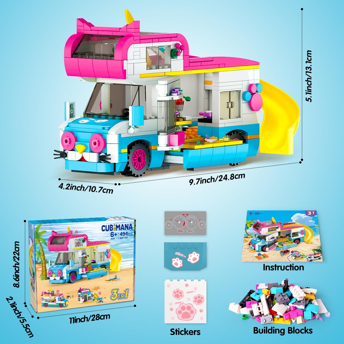 CUBIMANA 3-in-1 cat-themed building set featuring a camper van, ice cream truck, city bus, slides, and stickers for kids.