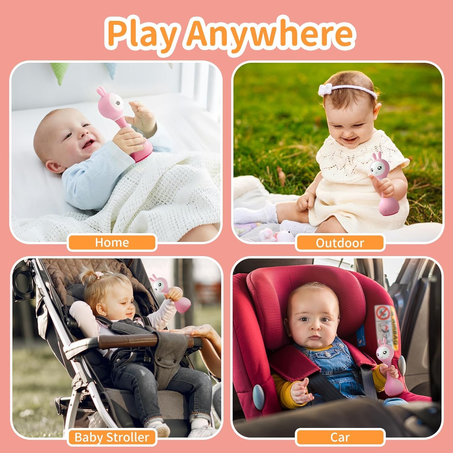 Pink Alilo Smarty Bunny baby rattle with music, lights, and sensory features for infants, ideal for teething and developmental play.