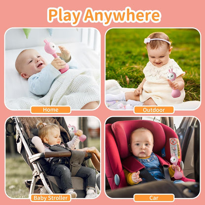Pink Alilo Smarty Bunny baby rattle with music, lights, and sensory features for infants, ideal for teething and developmental play.