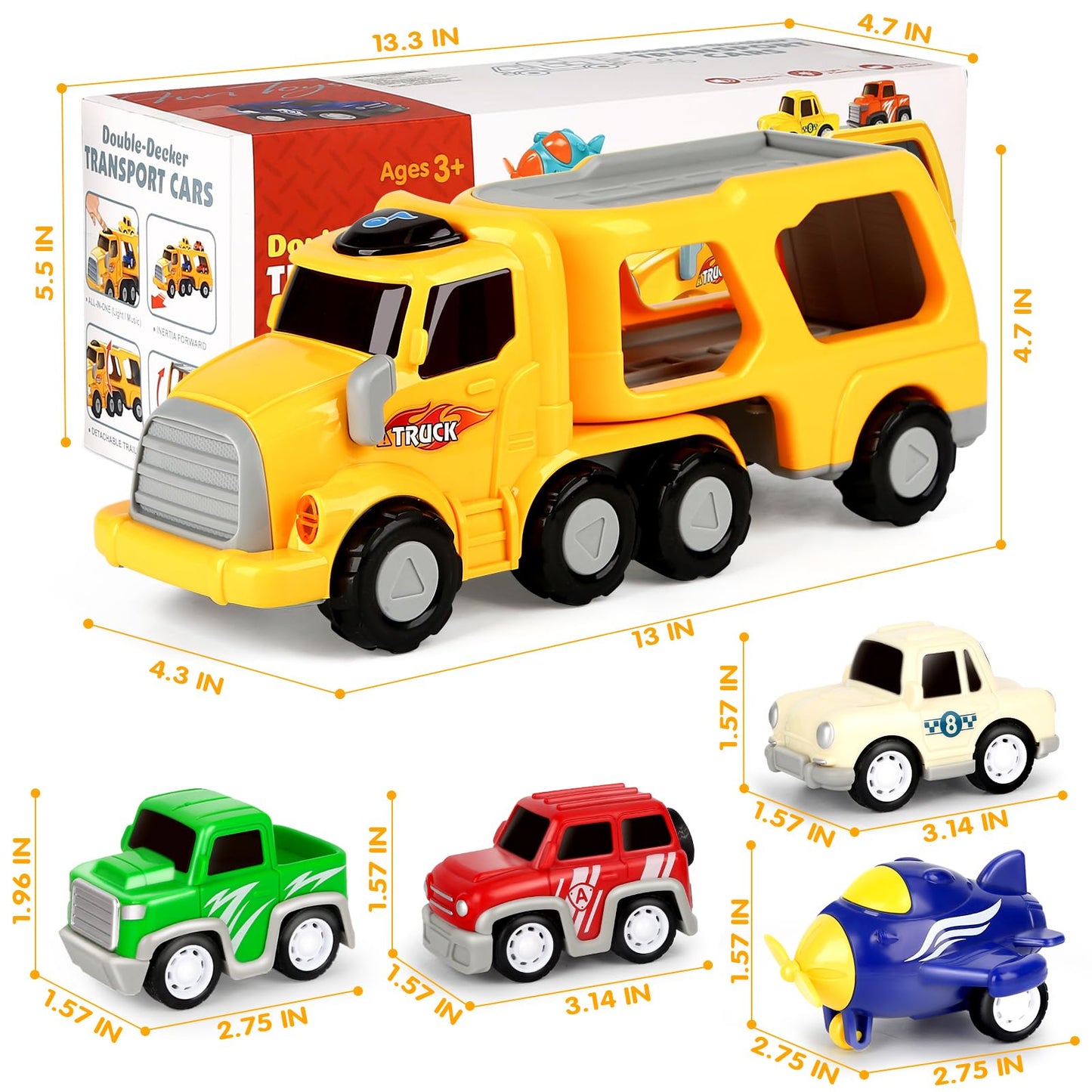 Aoskie toy car transporter truck with four pull-back cars, designed for 3-5 year old boys and toddlers, colorful vehicle playset.