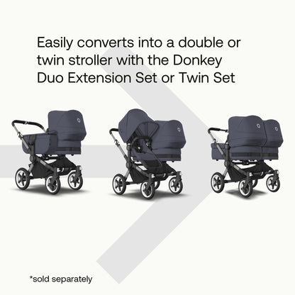 Bugaboo Donkey 5 Mono, Convertible Double Stroller, Improved Design, Reversible Seat, One Hand Steering, Side Basket, Graphite/Stormy Blue