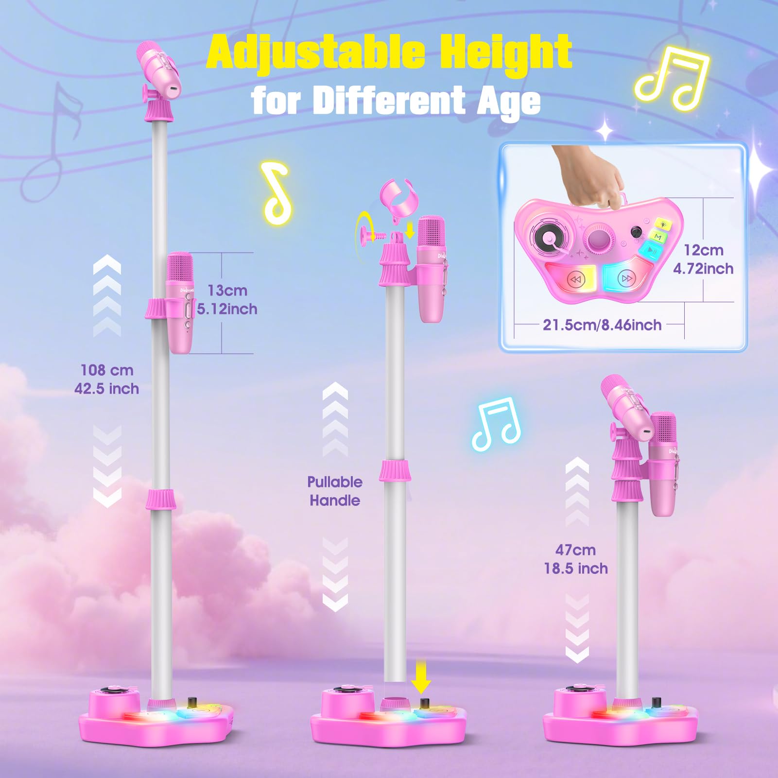 Dislocati Kids Karaoke Machine with 2 microphones, LED lights, Bluetooth speaker, and stand, designed for girls aged 3 to 10.