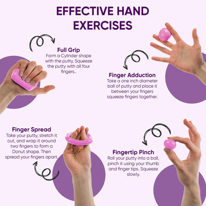 Meglio Hand Therapy Putty in color-coded tubs, 57g each, for strength training and stress relief, suitable for adults and children.