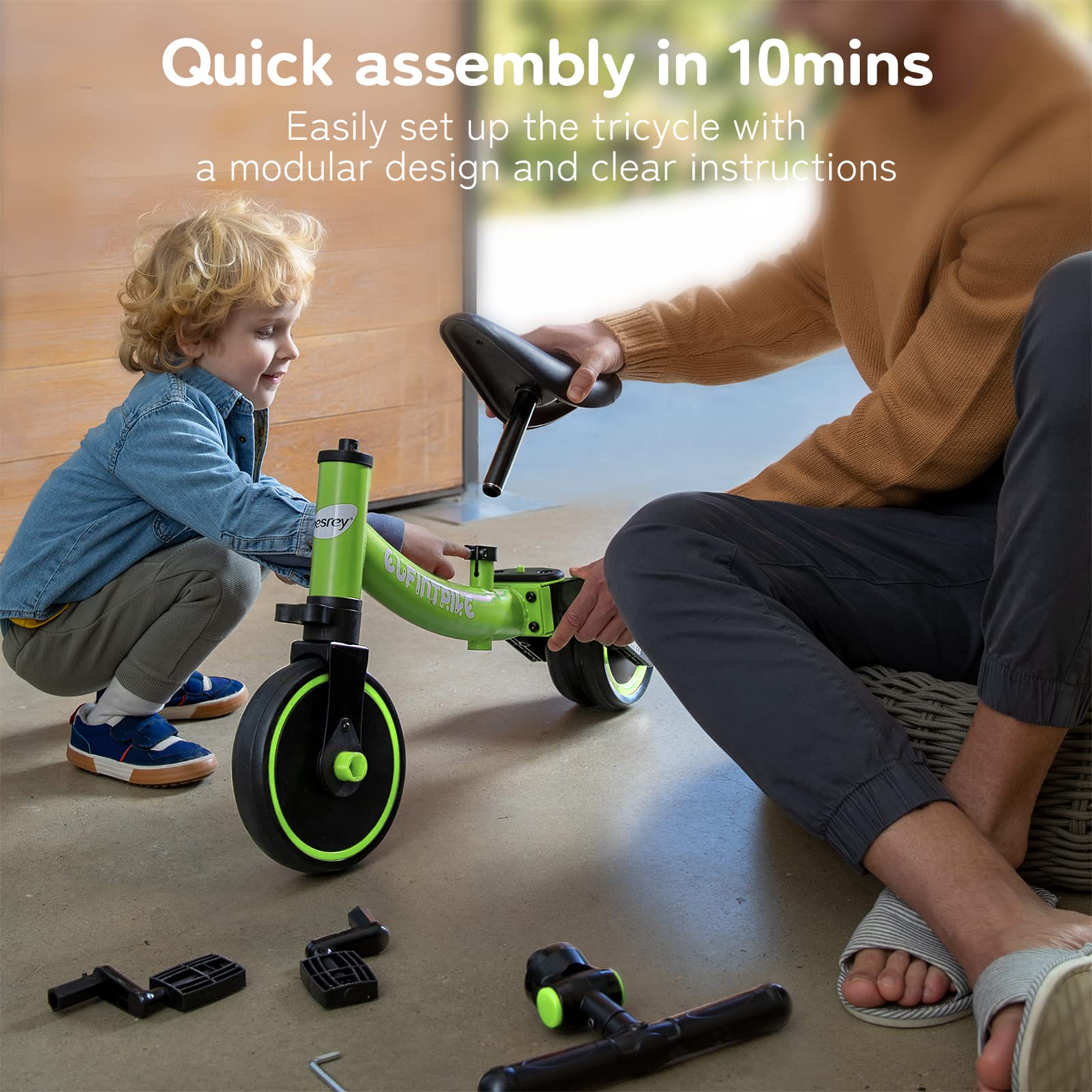 Green besrey 5-in-1 toddler tricycle for kids aged 10 months to 4 years, featuring removable pedals and balance training.