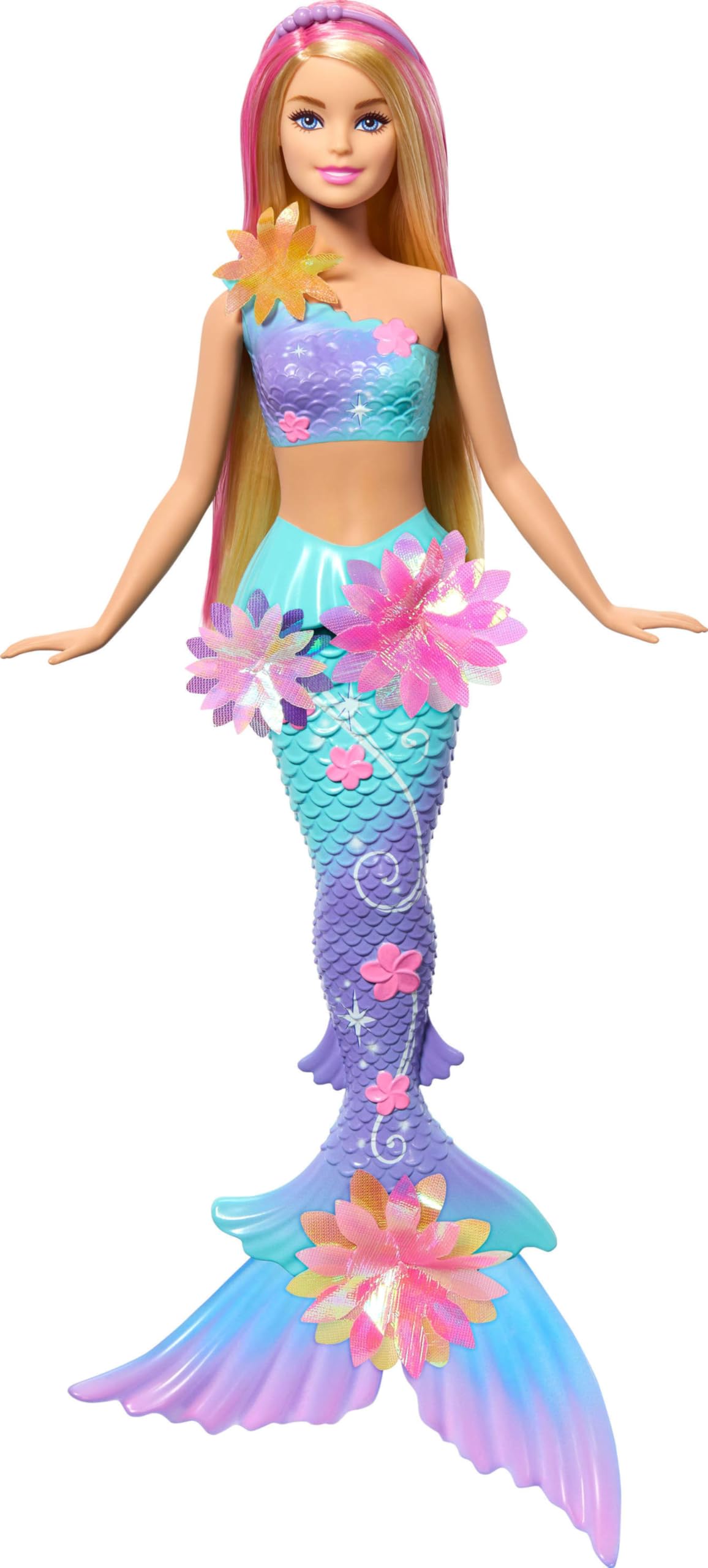 Barbie mermaid doll with long blonde hair, pink highlights, ombre tail, pearl headband, and surprise blooming flowers feature.