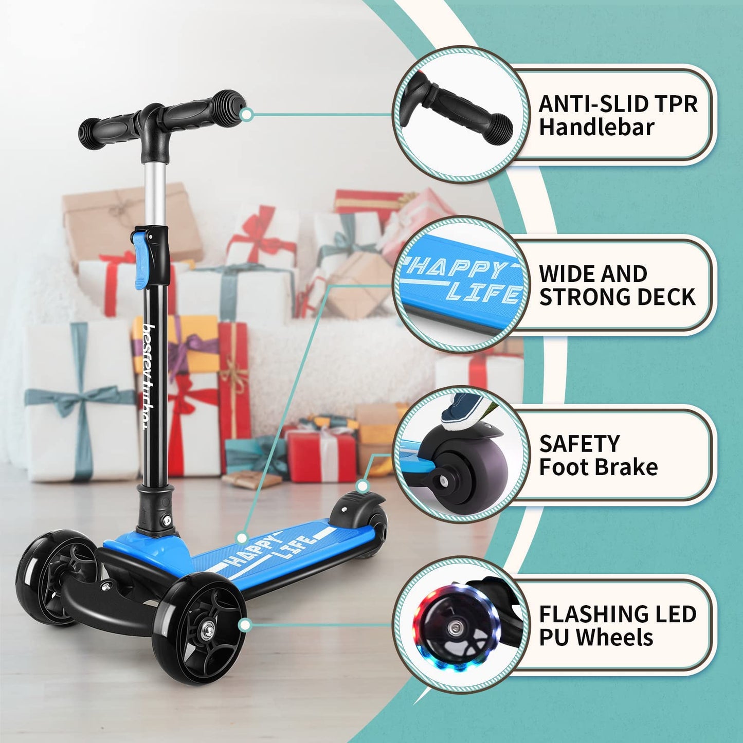 besrey kids scooter with big wheels, flashing LED lights, adjustable height, three-wheel design, suitable for children ages 3-10.