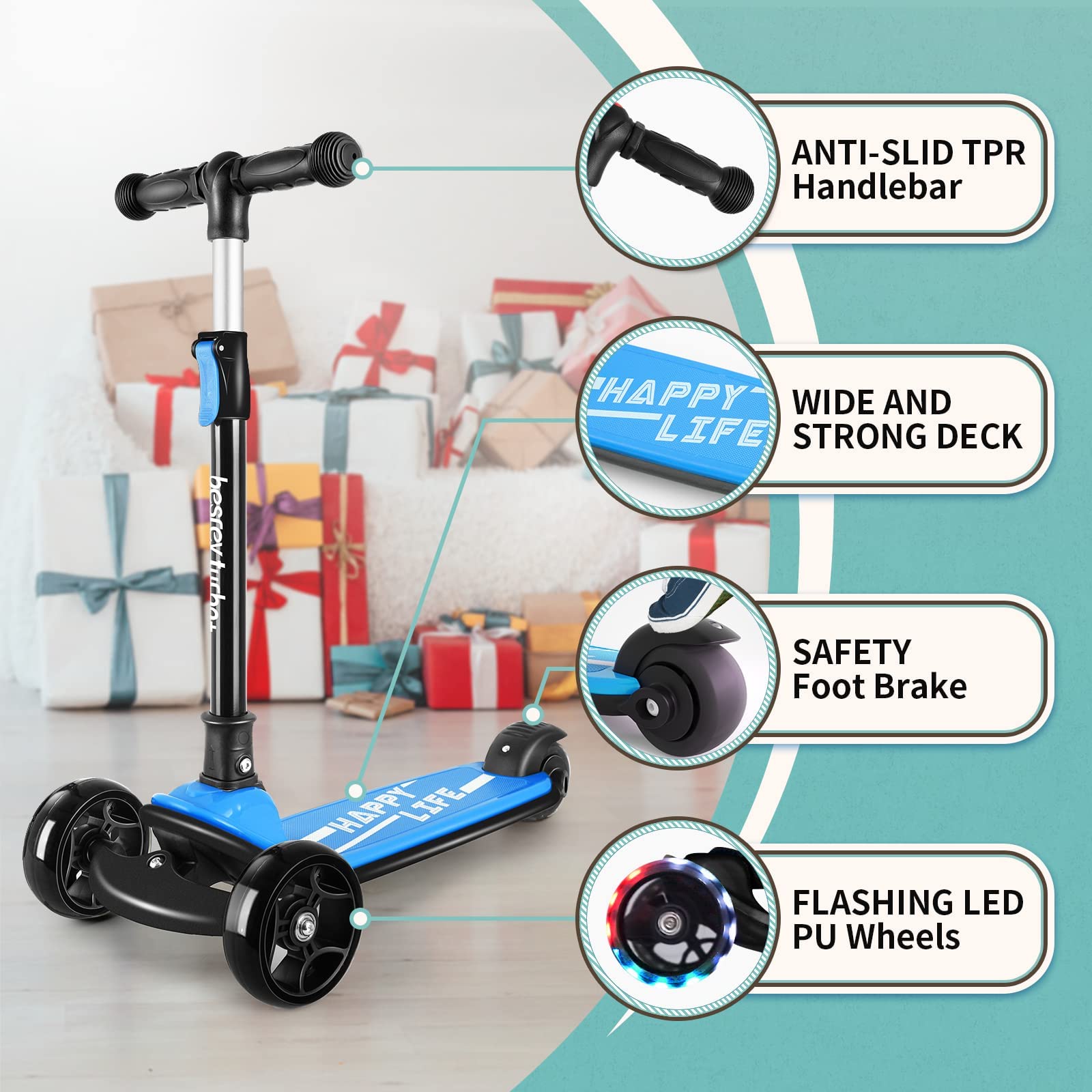 besrey kids scooter with big wheels, flashing LED lights, adjustable height, three-wheel design, suitable for children ages 3-10.