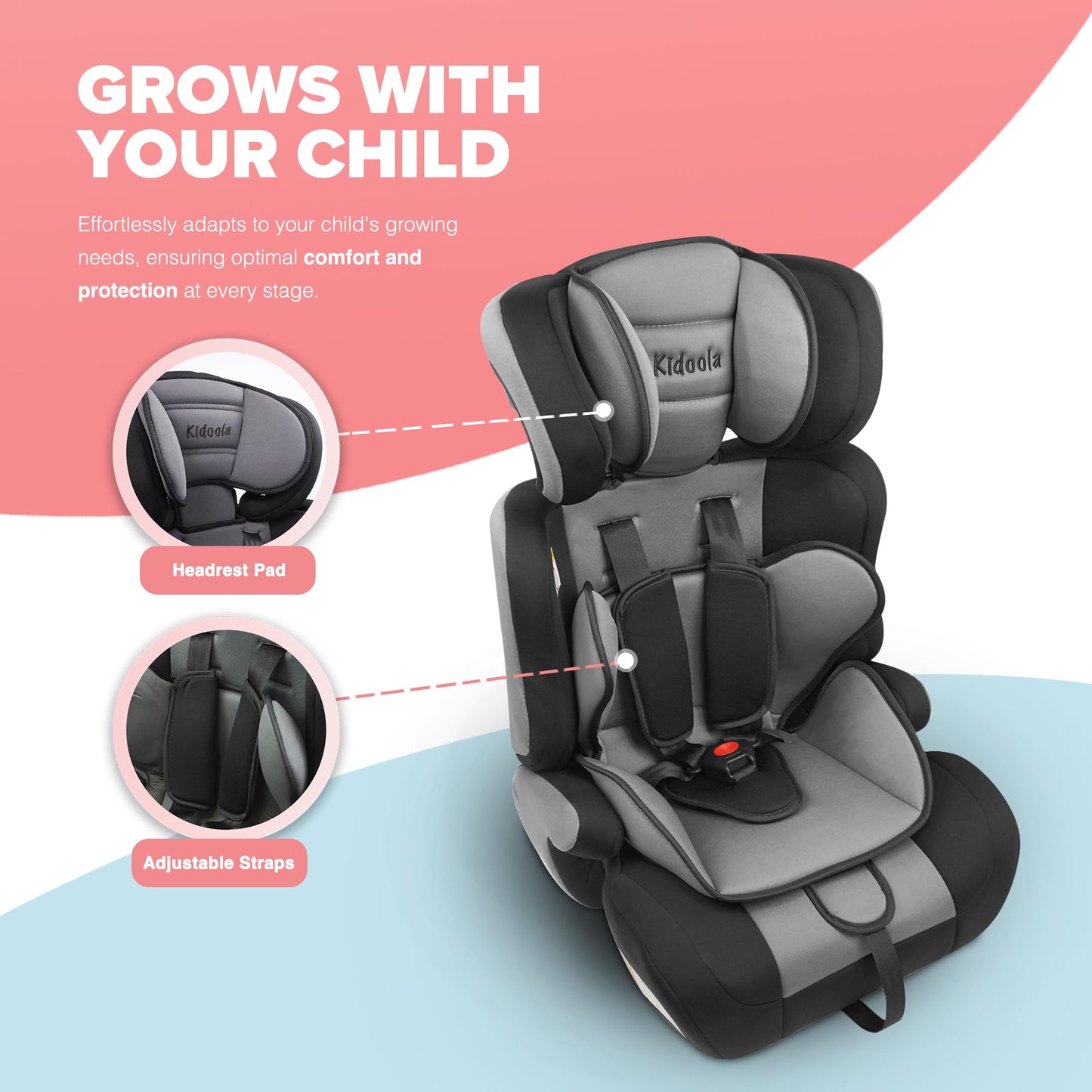 Kidoola Adjustable Car Seat for Toddlers & Children - Safety Certified Booster Seat, Padded & Comfortable with 3 Adjustable Age Functions & Straps, Up to 12 Years - ECE R44/04 (Grey & Black)