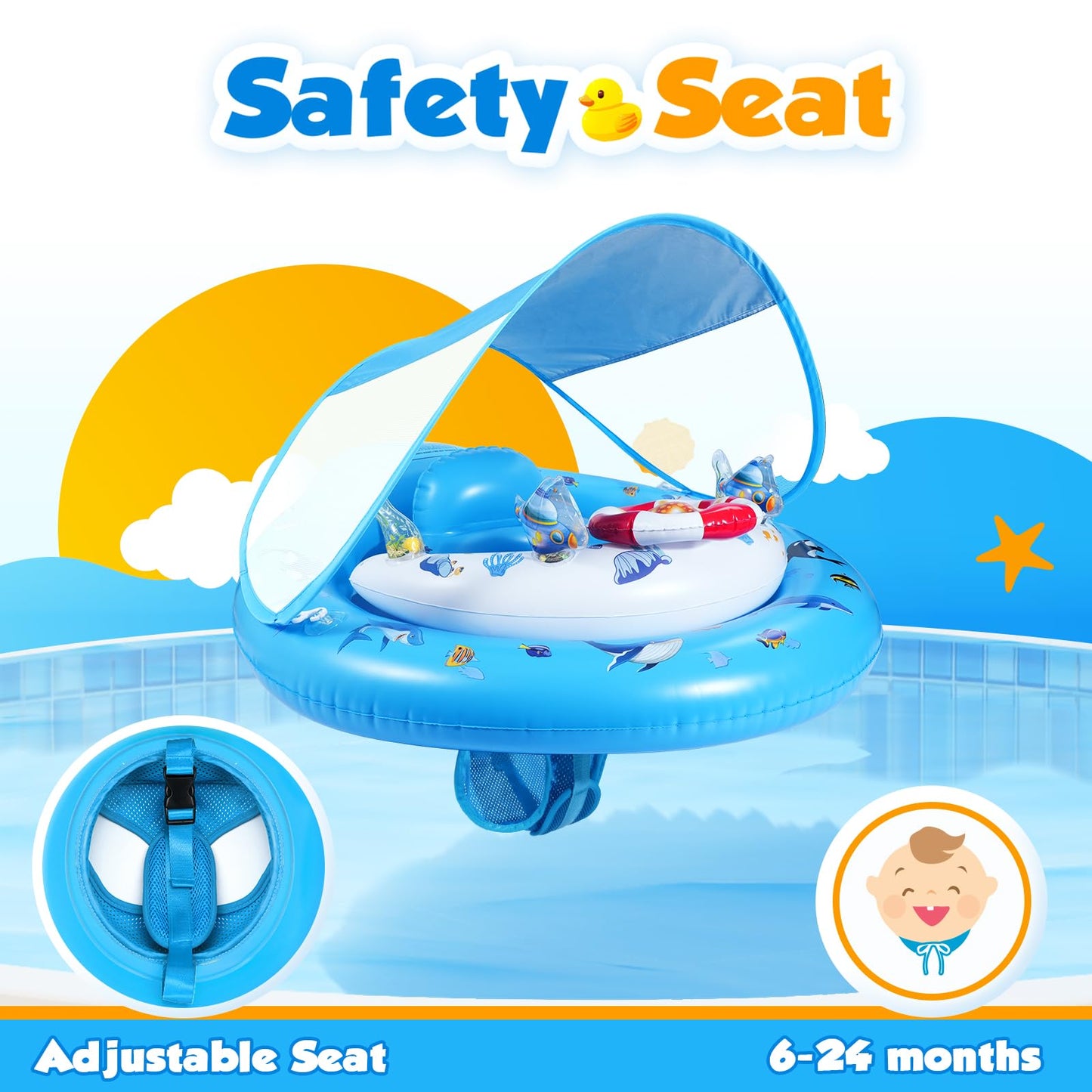 GLOPUS Baby Swimming Float, Baby Pool Float with Canopy, Inflatable Baby Swim Float, Toddler Pool Swimming Float for 6-36 Months, Adjustable Safety Seat, UPF 50+ Sun Protection Roof & Toy