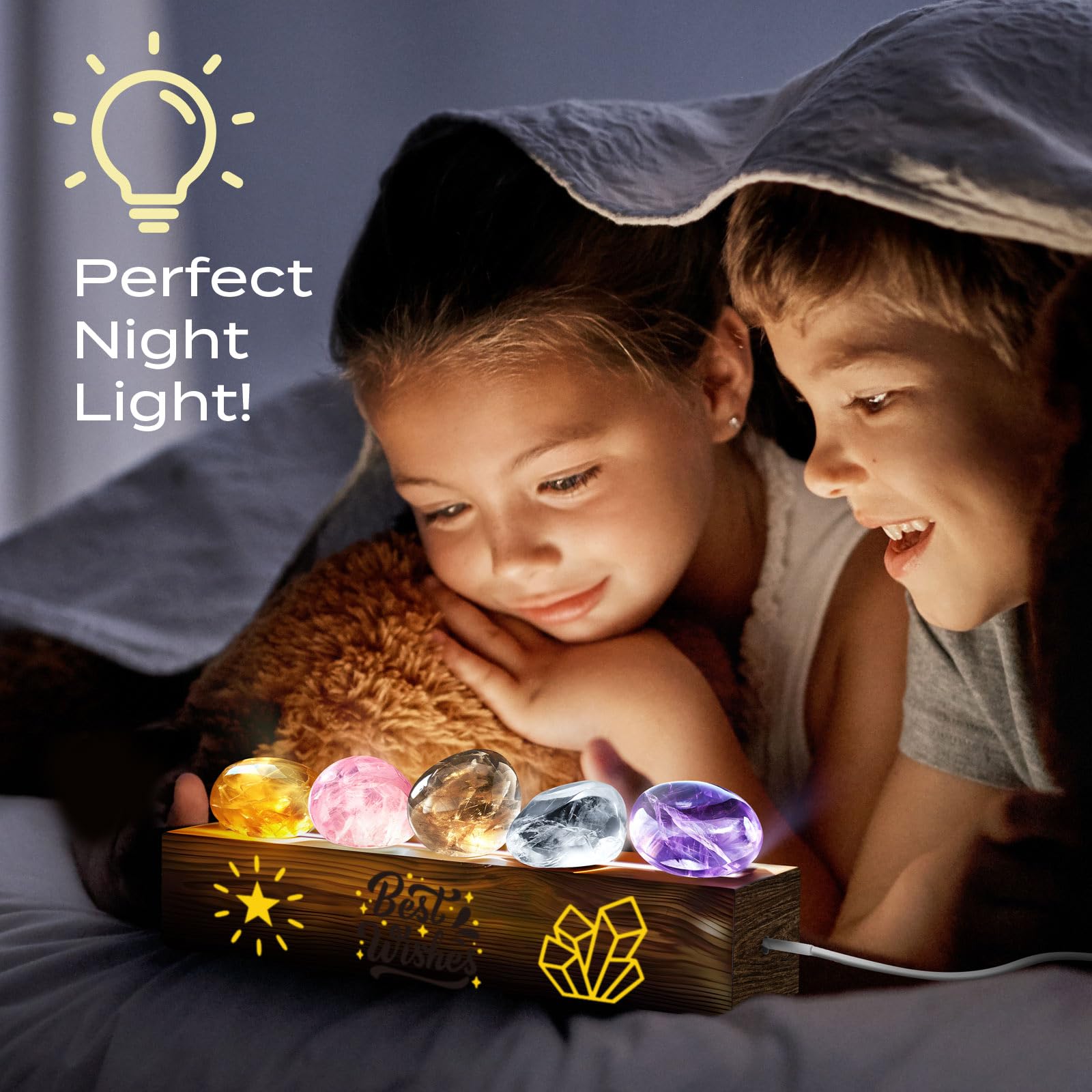 EggBox Gemstone Dig Kit showing a child excavating real gemstones and crystals, with a night light display, educational science toy for kids.