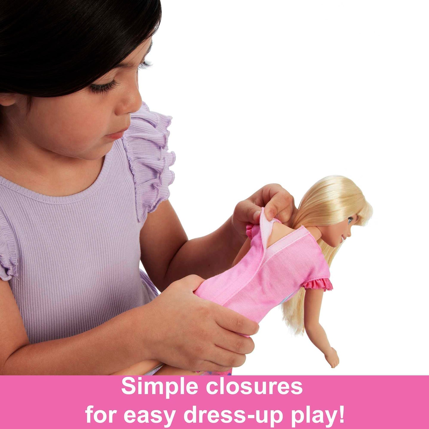 My First Barbie "Malibu" Doll with blonde hair, soft poseable body, and accessories for preschoolers aged 3 and up.