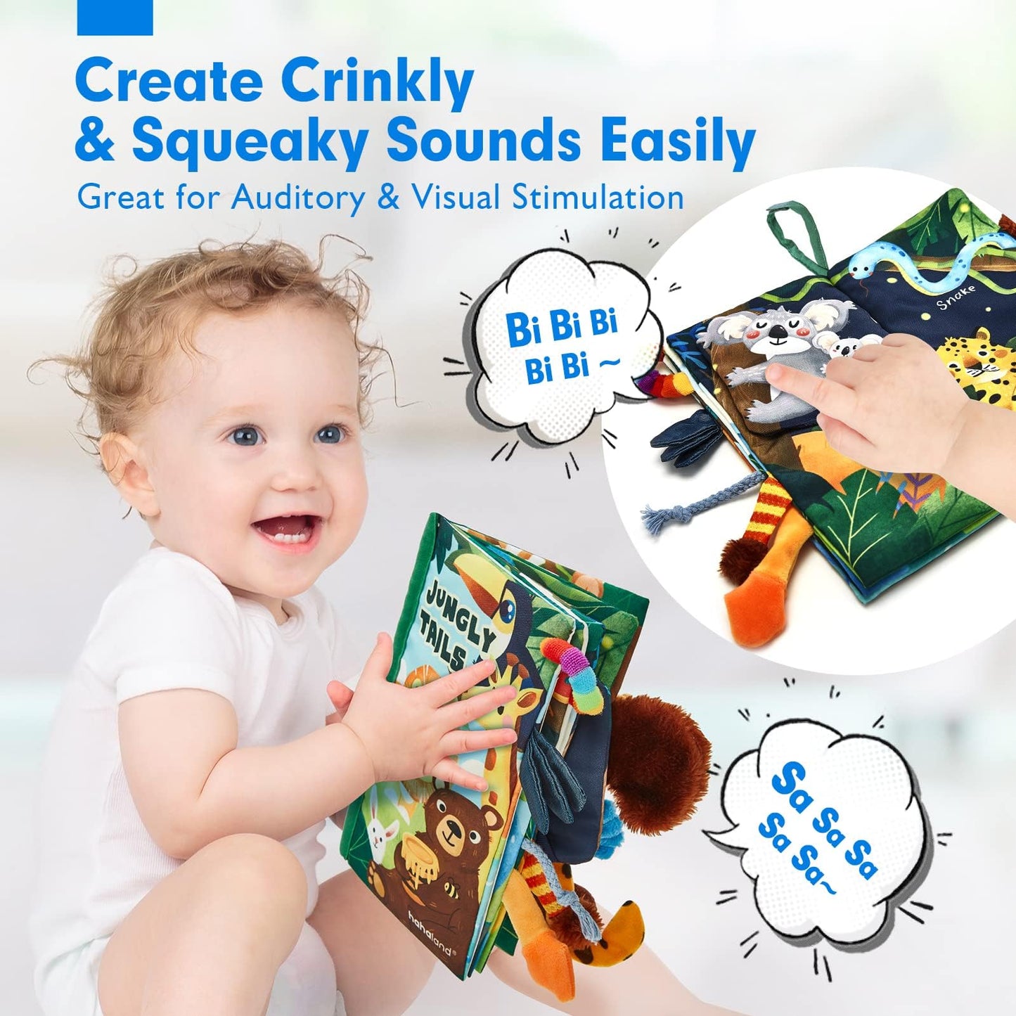 Soft sensory book for babies featuring jungle tails, crinkle paper, and touch-and-feel elements by hahaland.