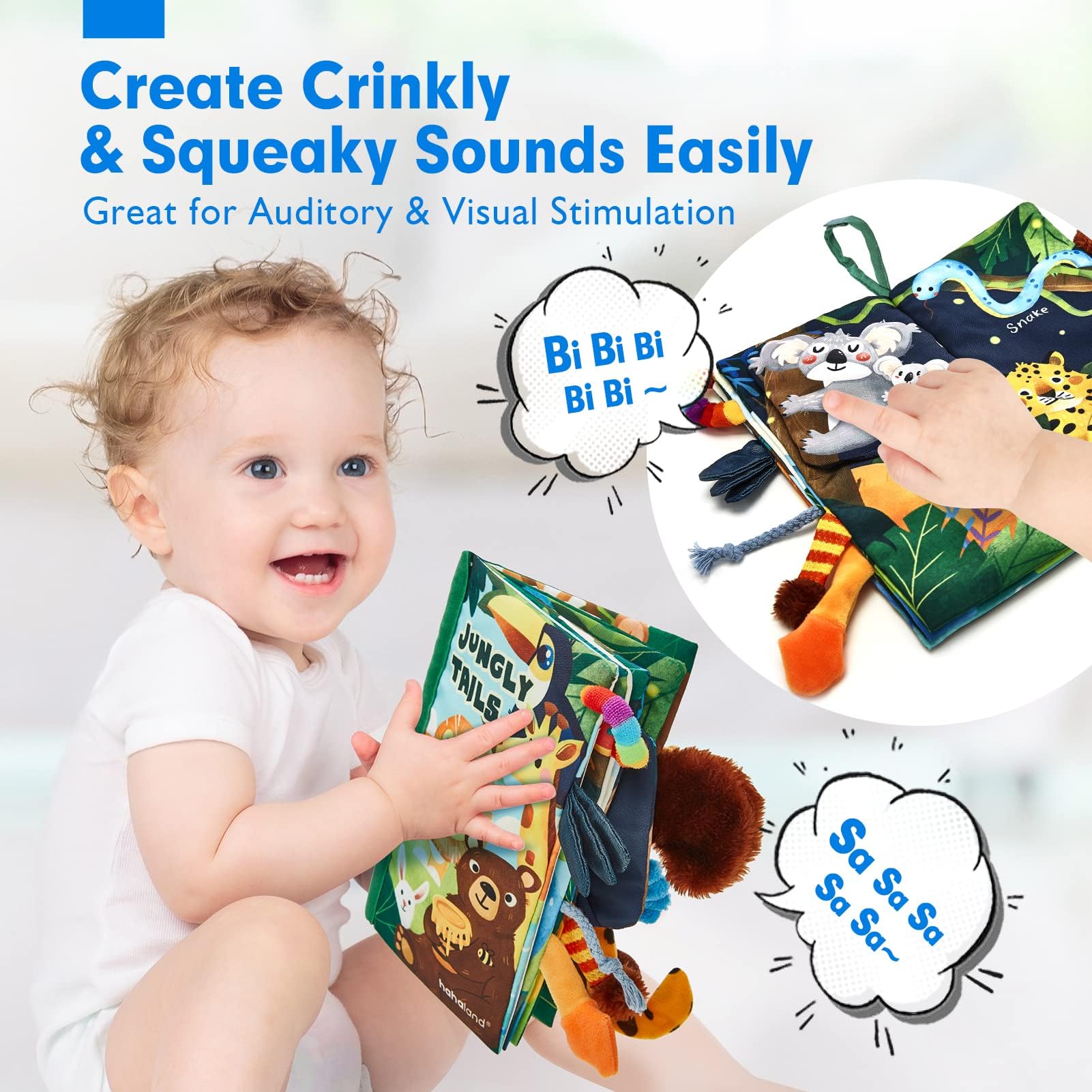 Soft sensory book for babies featuring jungle tails, crinkle paper, and touch-and-feel elements by hahaland.