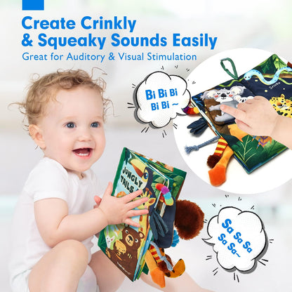 Soft sensory book for babies featuring jungle tails, crinkle paper, and touch-and-feel elements by hahaland.