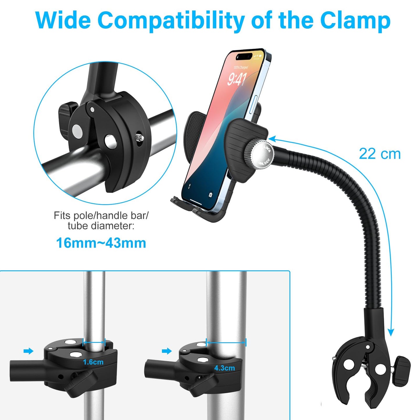 Oilcan metal flexible phone holder mount attached to a wheelchair handlebar, holding a smartphone securely with adjustable gooseneck clamp.