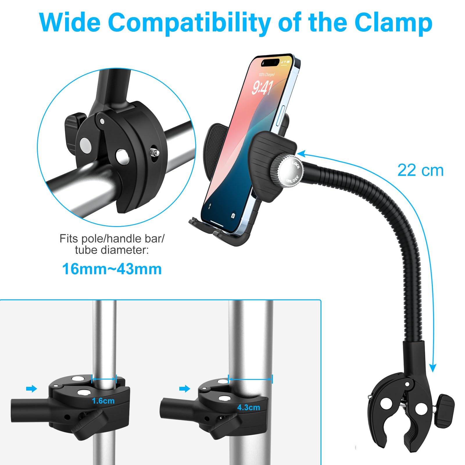 Oilcan metal flexible phone holder mount attached to a wheelchair handlebar, holding a smartphone securely with adjustable gooseneck clamp.