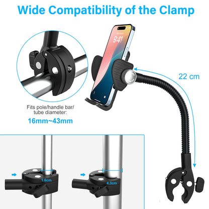 Oilcan metal flexible phone holder mount attached to a wheelchair handlebar, holding a smartphone securely with adjustable gooseneck clamp.
