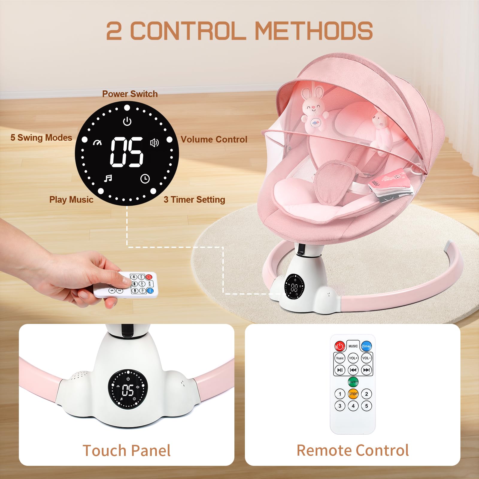 Pink Uuoeebb baby bouncer with electric swing, Bluetooth, 5 swing speeds, 10 lullabies, 5-point harness, remote control, indoor outdoor use