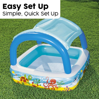 Bestway inflatable paddling pool for toddlers with shade canopy, perfect for outdoor garden play for ages 2 and up.