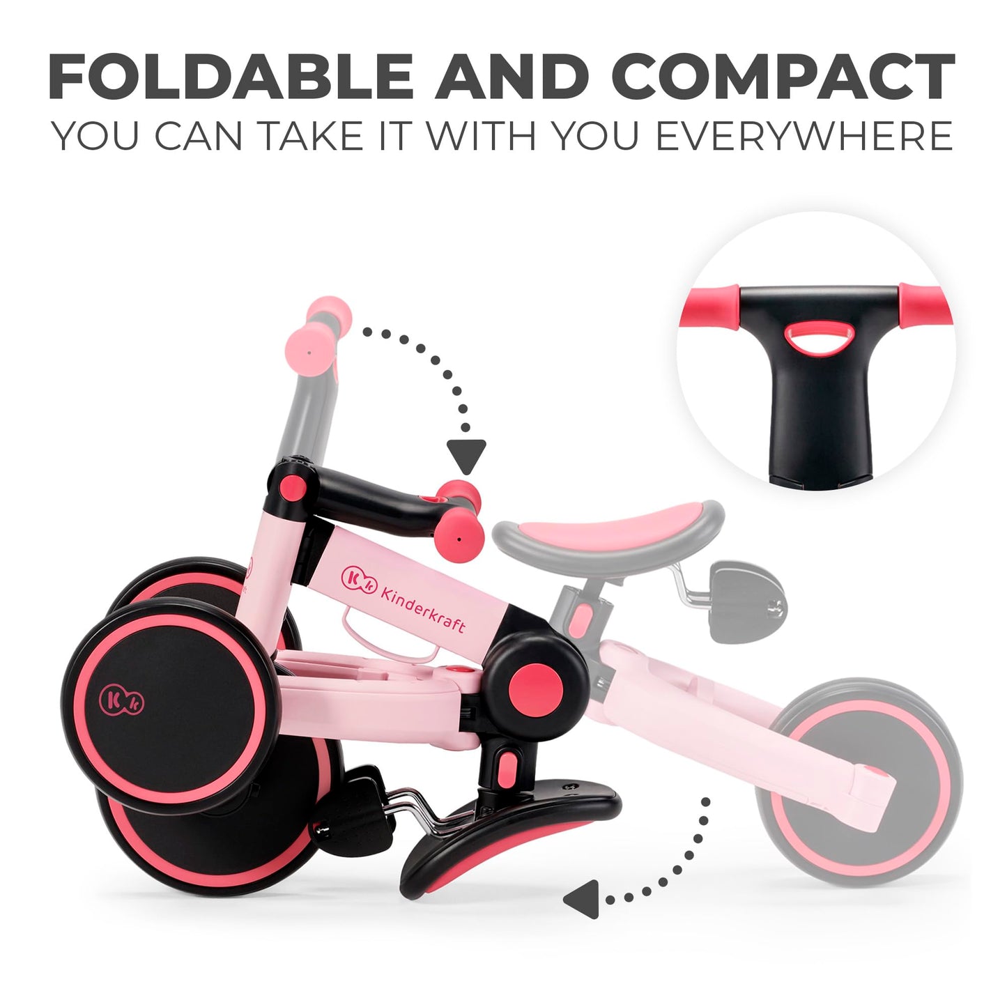 Kinderkraft 4TRIKE, foldable 3-in-1 tricycle, push trike, balance bike, pedal tricycle, lightweight aluminum frame, adjustable seat, EVA wheels, for children 1–5 years, Pink