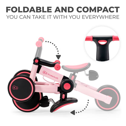 Kinderkraft 4TRIKE, foldable 3-in-1 tricycle, push trike, balance bike, pedal tricycle, lightweight aluminum frame, adjustable seat, EVA wheels, for children 1–5 years, Pink