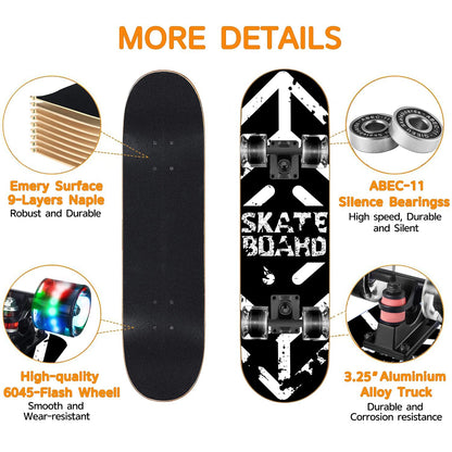 GIEEU Skateboards with Colorful Flashing Wheels for Beginners,Kids,Teens,Adults,31 x 8 Inch Complete Standard Skate Boards 9 Layer Canadian Maple Deck Concave Skateboard (Black White Skateboard-UK)