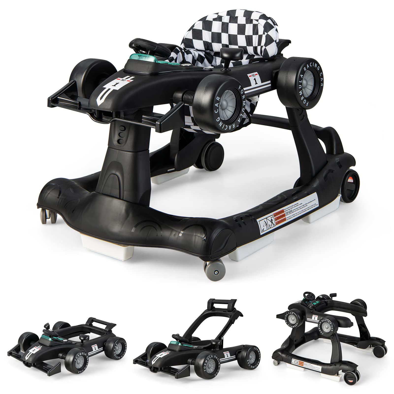 COSTWAY 4-in-1 baby walker with black frame, foldable design, adjustable height, steering wheel, lights, and musical features for toddlers