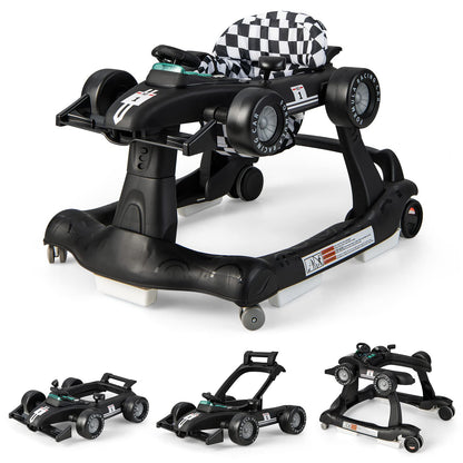 COSTWAY 4-in-1 baby walker with black frame, foldable design, adjustable height, steering wheel, lights, and musical features for toddlers