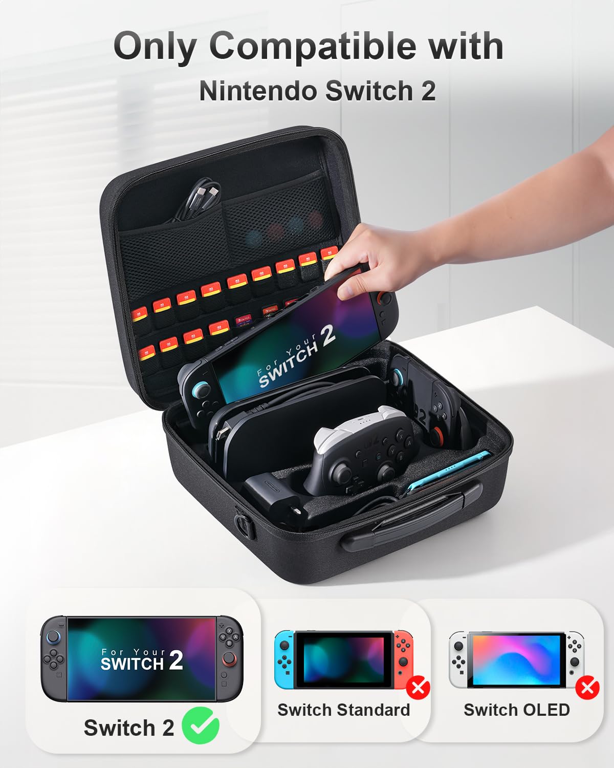 STARTRC GAMES hard carry case for Nintendo Switch 2, black travel case with large capacity, 18 game card slots, and accessory storage.