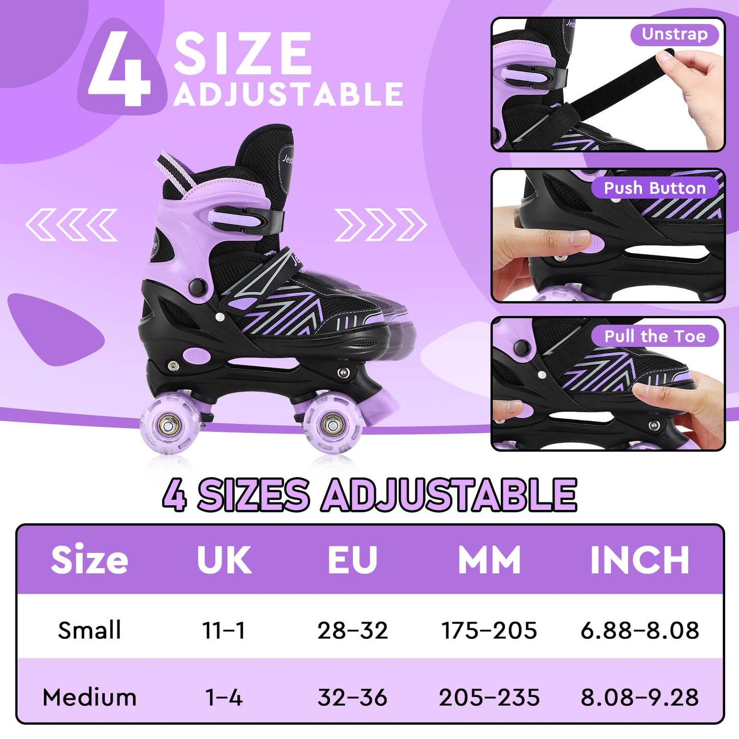 Kids Jestme adjustable roller skates for girls and boys with light-up wheels, suitable for indoor and outdoor use, size medium (UK 1-4).