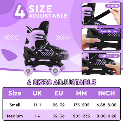 Kids Jestme adjustable roller skates for girls and boys with light-up wheels, suitable for indoor and outdoor use, size medium (UK 1-4).