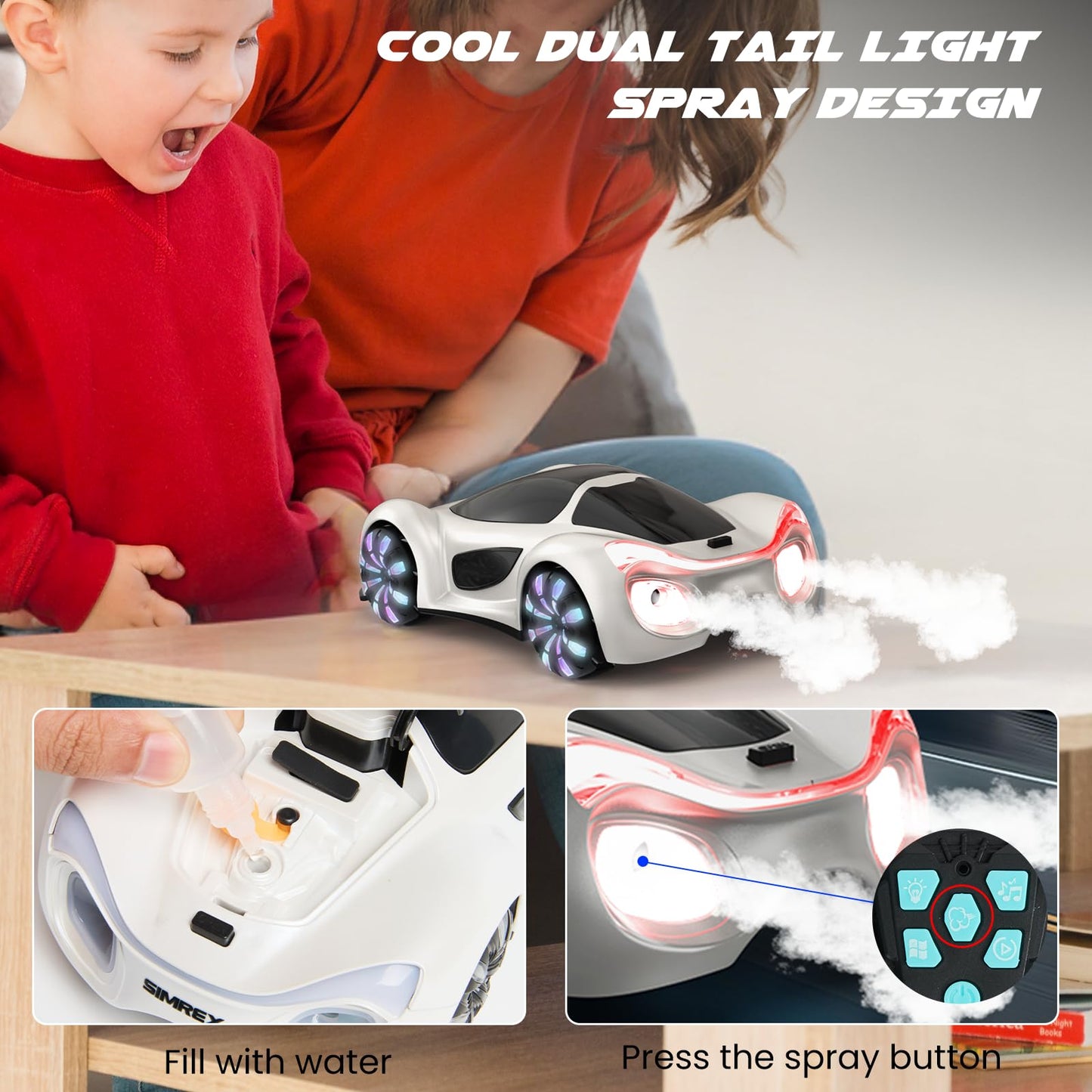 SIMREX Remote Control Car 360° Drift Stunt RC Cars with LED Wheels Spray Lights Demo Mode 2.4GHz for Adults Boys Girls Age 6+ Kids Birthday Gift Toys, White