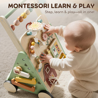 Lehoo Castle wooden baby walker with colorful activity panels, push-along toy for 1-2 year old boys and girls, 10-in-1 learning center