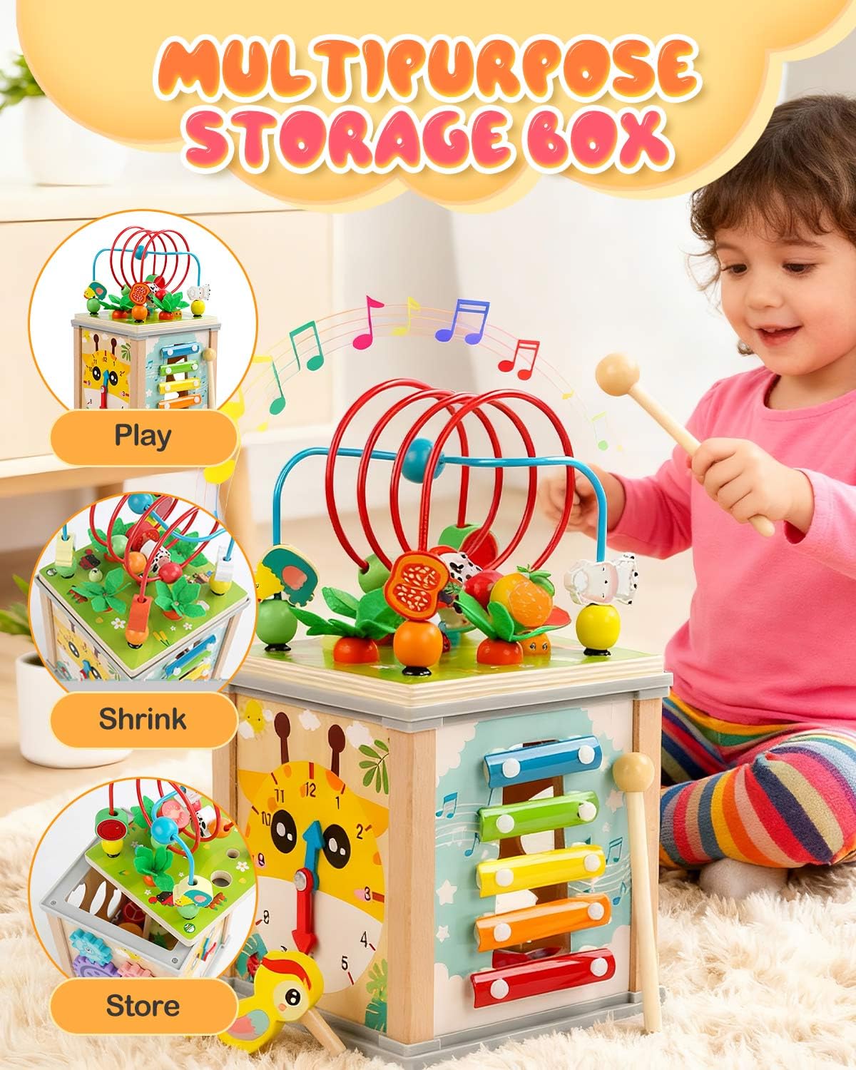 MOXTOYU Wooden Activity Cube Baby Toys, 10-in-1 Montessori Educational Toy Set for 1-3 Year Old Boys & Girls, Maze, Shape Sorter, Rotating Gear Xylophone Words & Clock Learning, 1st Gifts for Toddler