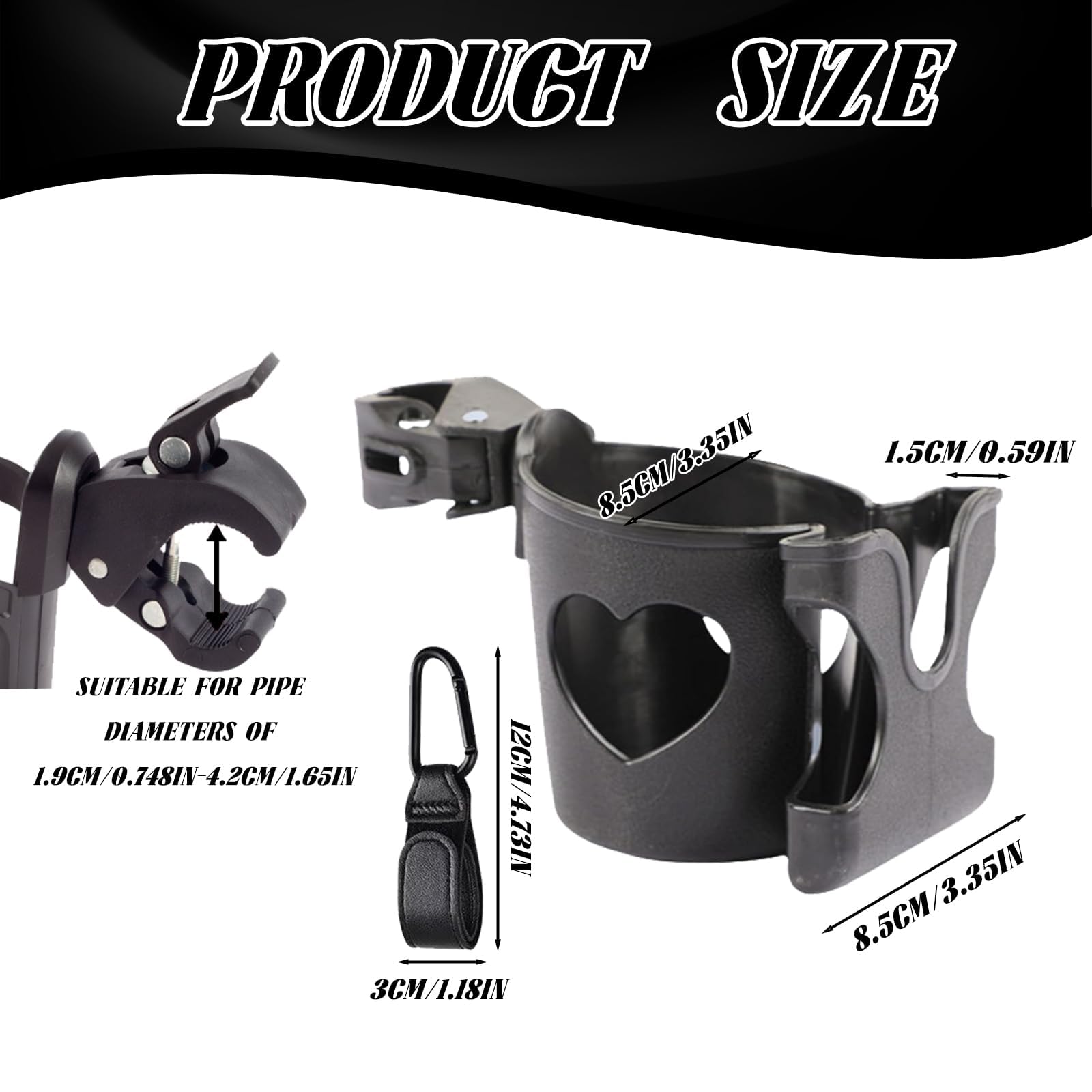 Black BAGUBDR pram cup holder with phone holder, designed for strollers, bikes, and pushchairs, holding drinks and smartphones.