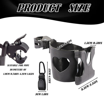 Black BAGUBDR pram cup holder with phone holder, designed for strollers, bikes, and pushchairs, holding drinks and smartphones.