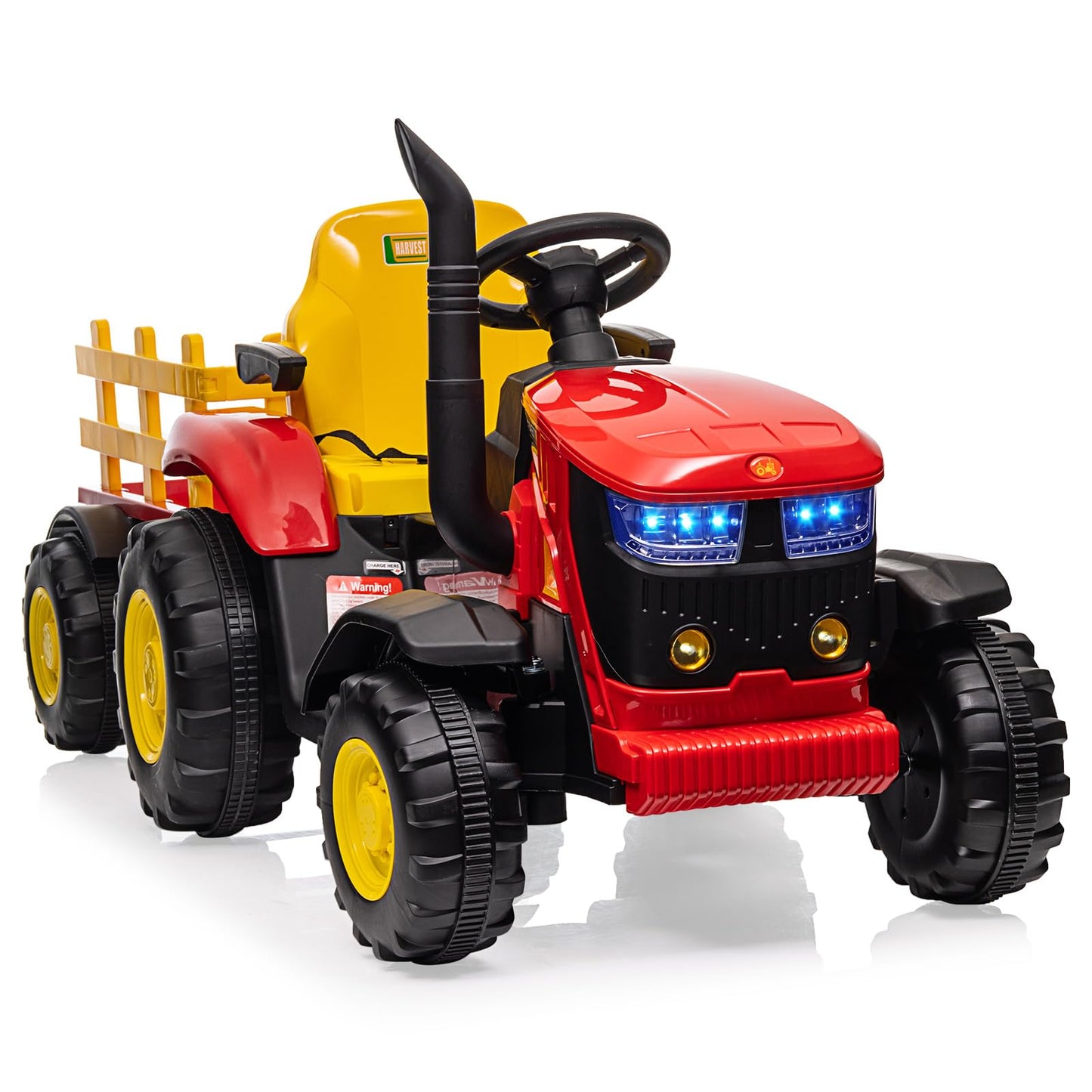 Kids Ride on Tractor with Detachable Trailer, 12V Battery Powered Electric Tractor with Remote Control, Dual Motors, Horn, Music/USB, 7 LED Lights, Ride on Toy Car for Ages 3+ (Red)