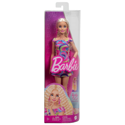 Barbie Fashionistas Doll #223 with blonde wavy hair, wearing a colorful dress and accessories, 65th anniversary collectible.