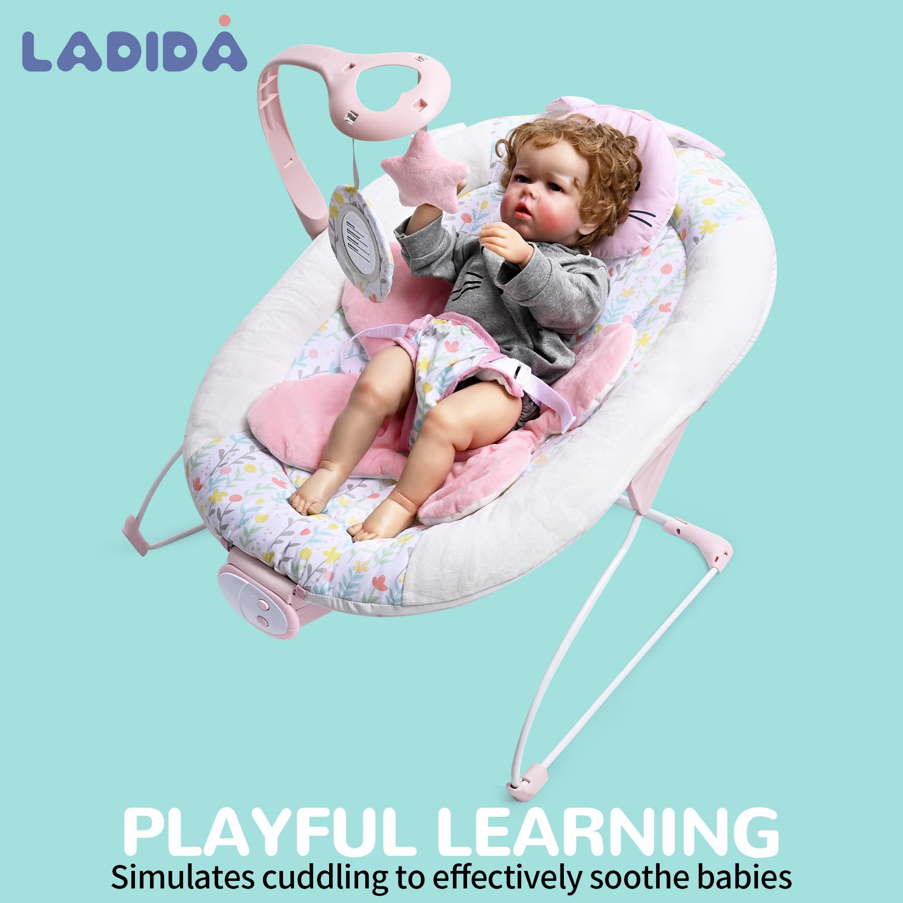 LADIDA baby bouncer seat for infants from birth to 6 months with toy bar, vibrating feature, and adjustable speeds.