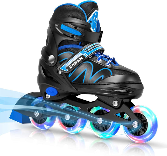 Blue ERNAN adjustable kids inline skates with light-up wheels, suitable for boys and girls beginners, youth roller skates