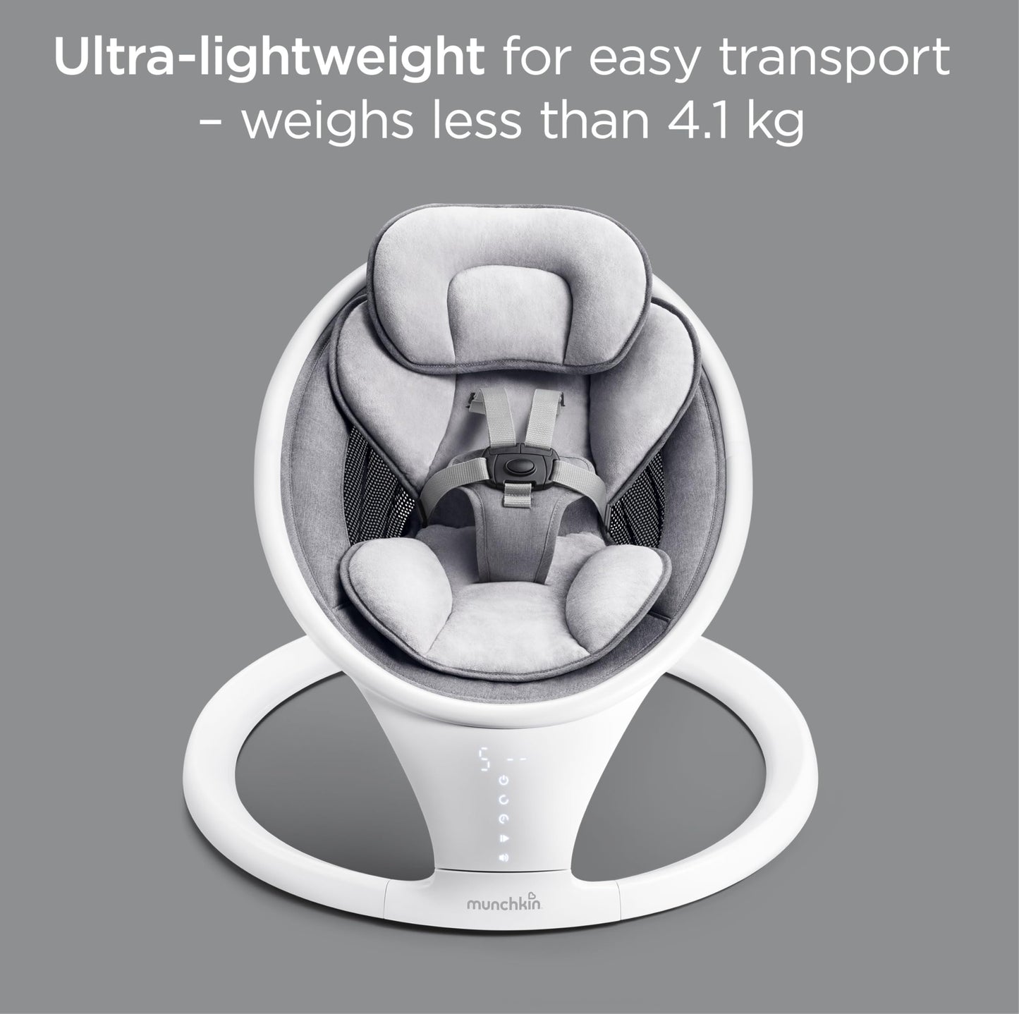 Munchkin electric baby swing in white with Bluetooth, portable bouncer chair featuring gentle bouncing, motion, and sound functions.
