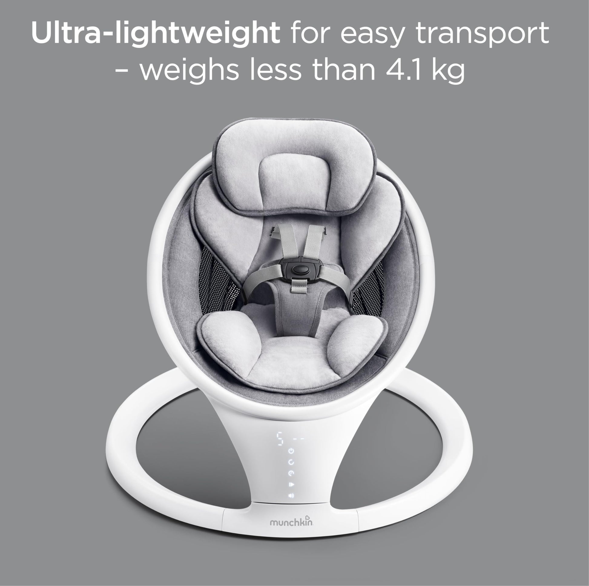 Munchkin electric baby swing in white with Bluetooth, portable bouncer chair featuring gentle bouncing, motion, and sound functions.